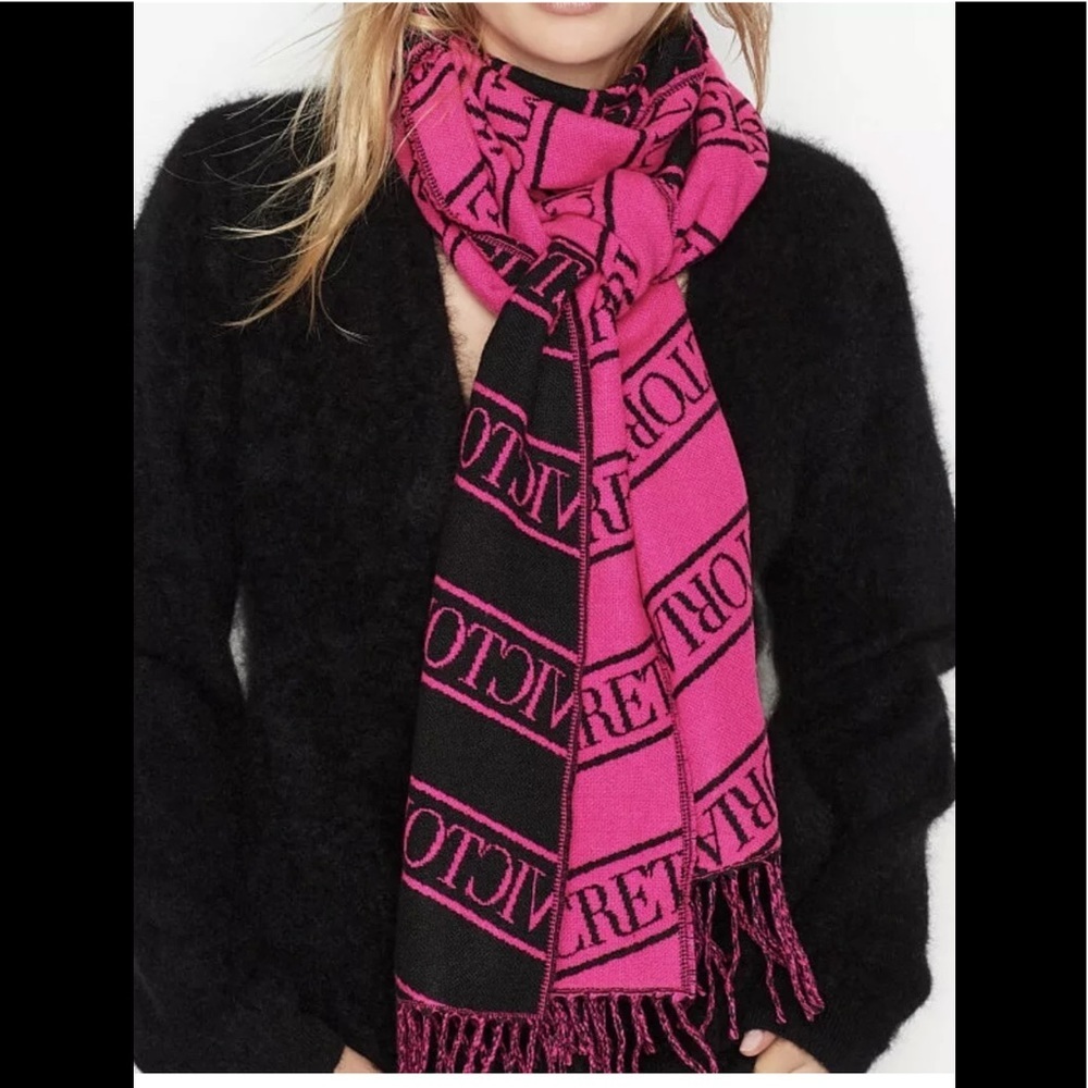 VICTORIA'S SECRET BLACK FUCHSIA LOGO SCARF